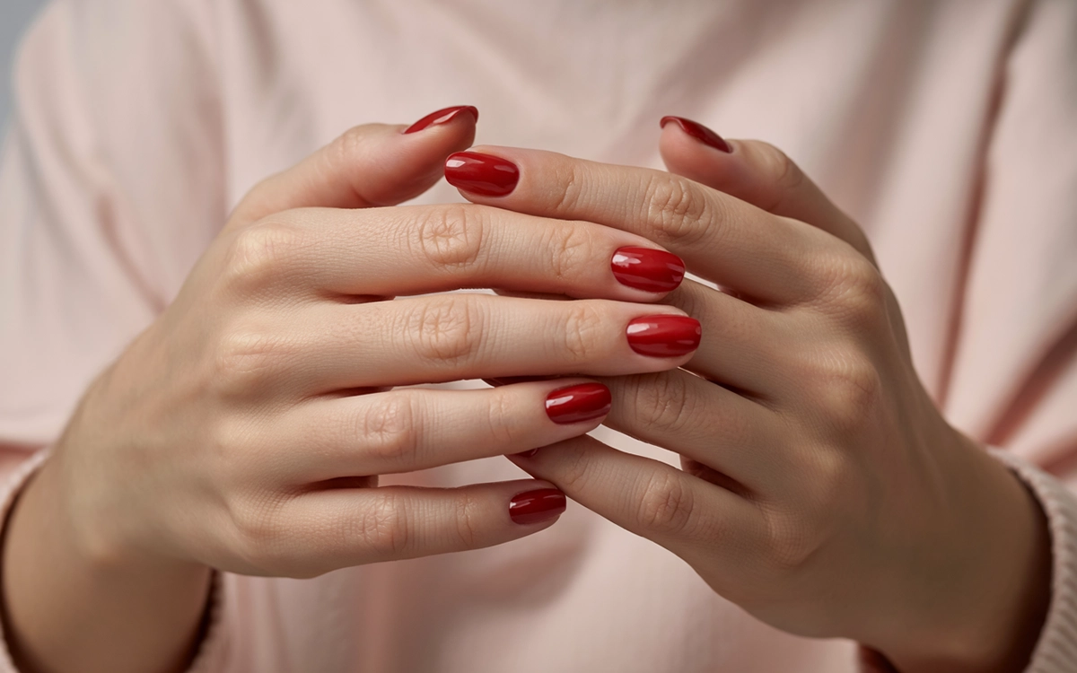 Piros mandula géllakk MoonbasaNails stílusban