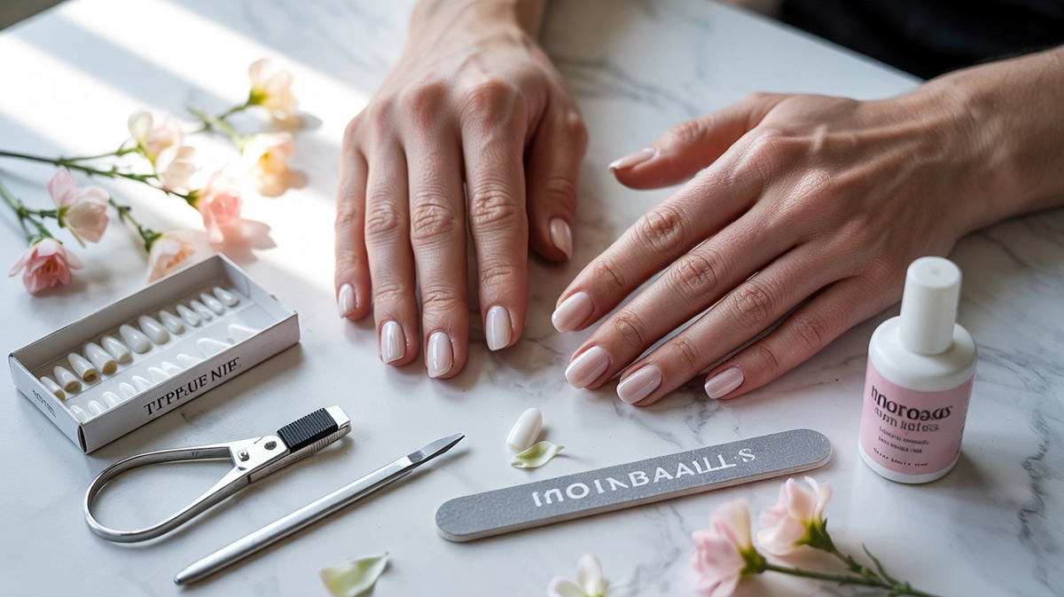 műköröm tip méretválasztás és felhelyezés – tip box, ragasztó és reszelő flatlay előkészítés