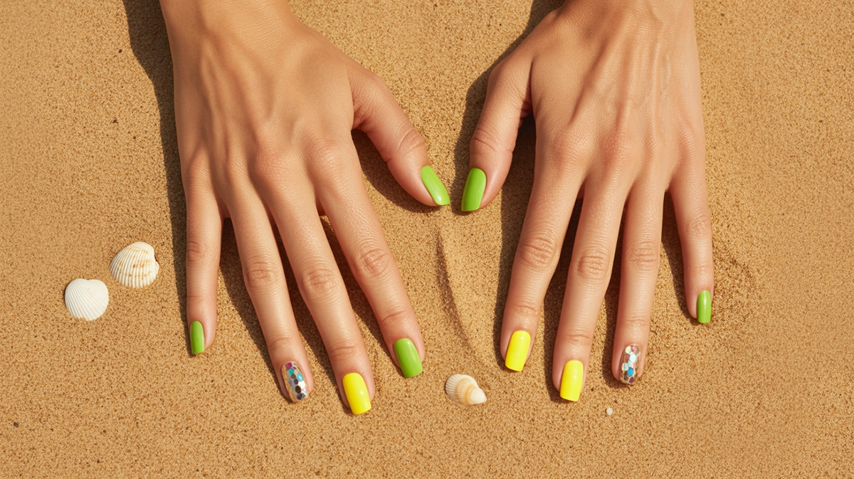 nyári neon köröm lime zöld sárga – strandflatlay csillogó accent nail kagyló nyár