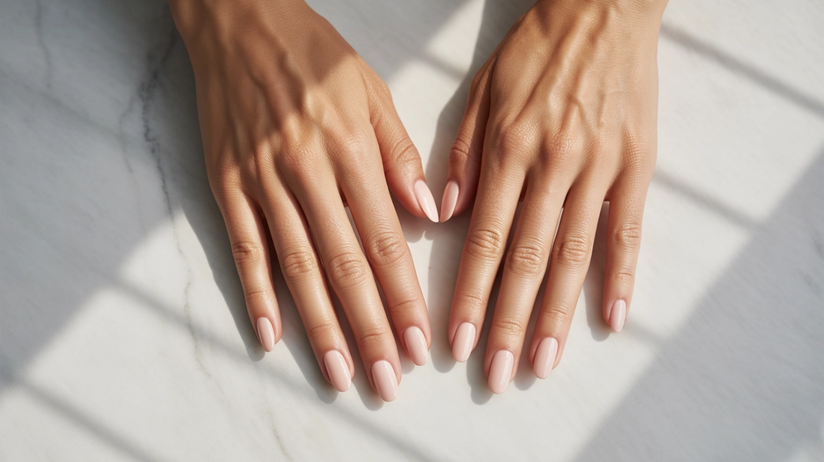 Fusion AcrylGel formázás előtt UV lámpa előtt – polygel jellegű anyag spatulával felvitel flatlay