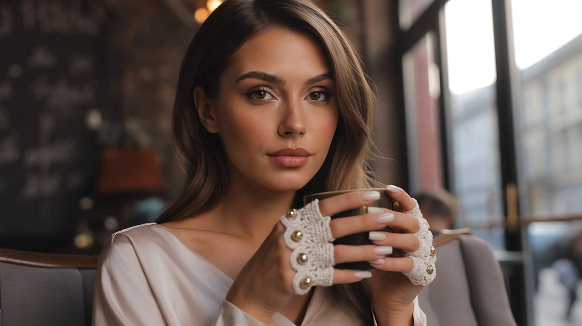 Fusion AcrylGel kész köröm kávézóban – polygel jellegű anyag hosszú almond korom fehér csipke mintával